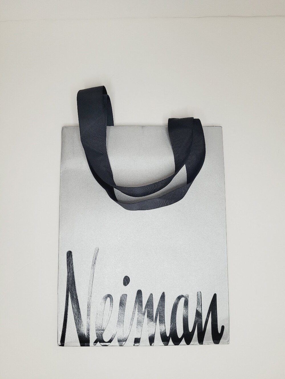 Neiman Marcus Silver Black Shopping Bag Dark Ribbon Handles Gift Bag Luxury